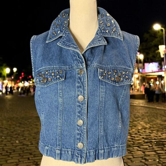 VTG Y2K Metal Studded Bedazzled Rhinestone Crop Blue Denim Jean Vest Size Small - Picture 1 of 11